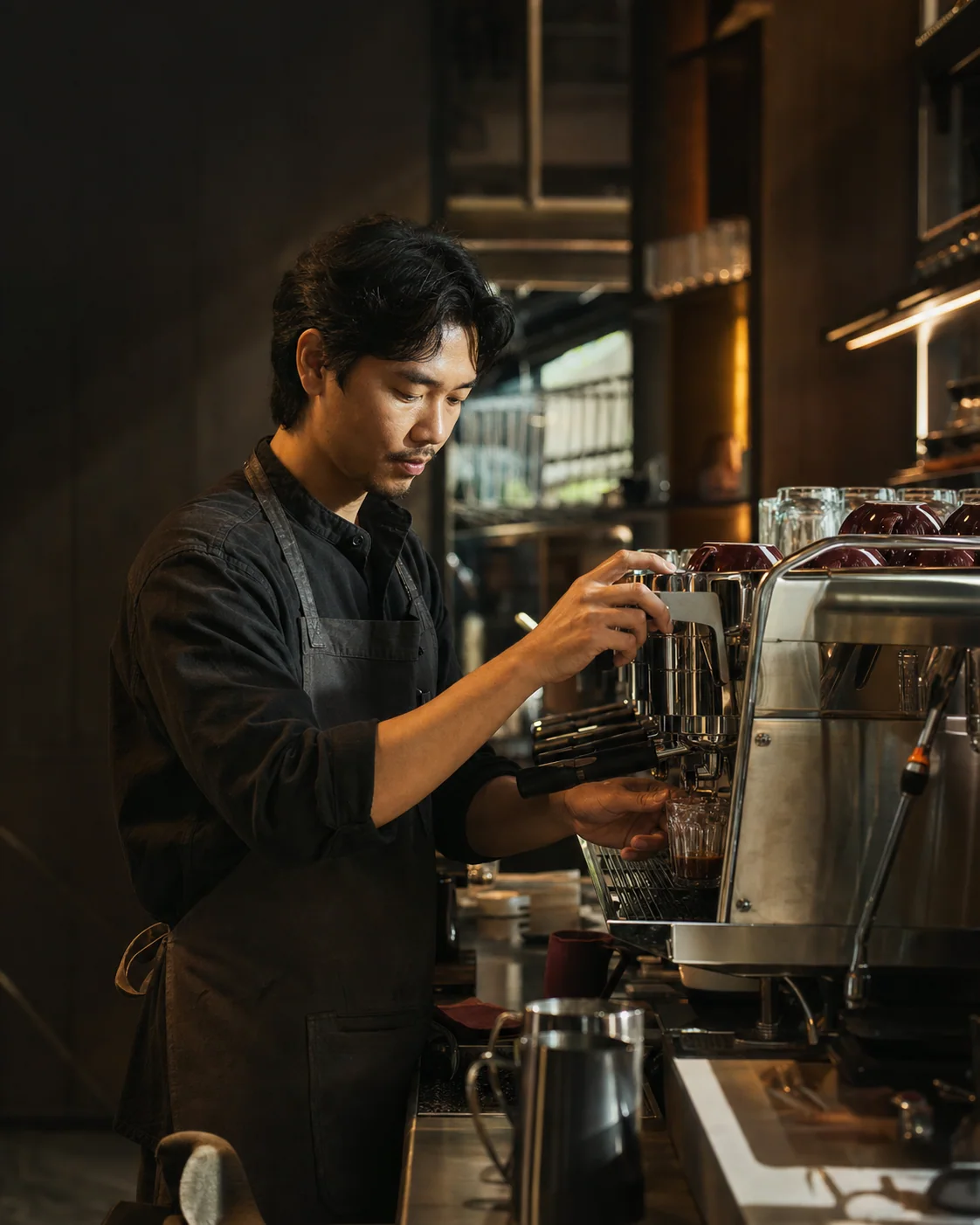 บาริสต้ามืออาชีพกำลังชงเอสเพรสโซด้วยเครื่องชงกาแฟเชิงพาณิชย์